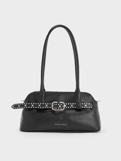 Charles & Keith - Victoria Studded Belted Elongated Shoulder Bag In Black