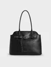 Charles & Keith - Victoria Studded Belted Trapeze Tote Bag In Black