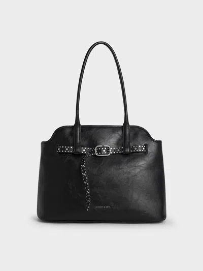 Charles & Keith - Victoria Studded Belted Trapeze Tote Bag In Black