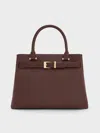 Charles & Keith - Voyager Leather Belted Trapeze Tote Bag In Dark Brown