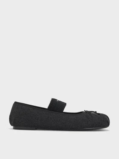 Charles & Keith - Winona Felt Bow Furry-strap Mary Jane Flats In Black