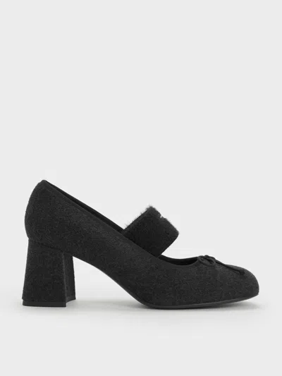Charles & Keith - Winona Felt Bow Furry-strap Mary Jane Pumps In Animal Print
