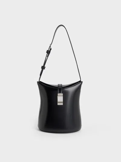 Charles & Keith - Wisteria Belted Bucket Bag In Noir