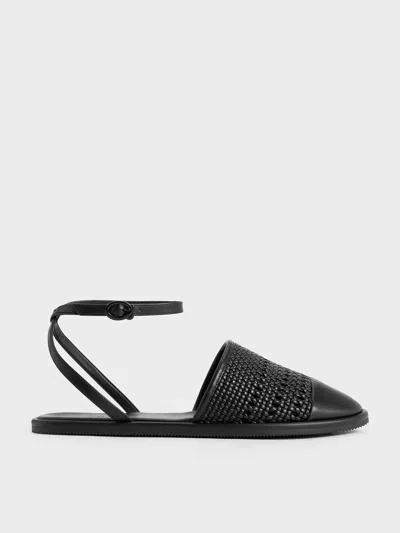 Charles & Keith - Woven Ankle-strap Flats In Black