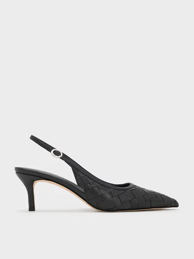 Charles & Keith - Woven Pointed-toe Slingback Pumps In Black