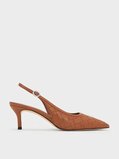 Charles & Keith - Woven Pointed-toe Slingback Pumps In Brown