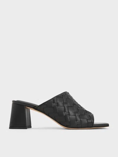 Charles & Keith - Woven Square-toe Heeled Mules In Black