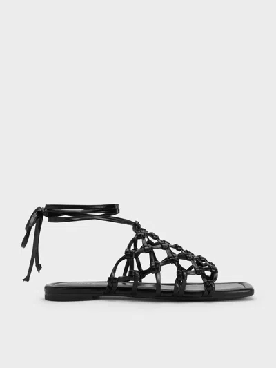 Charles & Keith - Woven Tie-around Net Sandals In Black