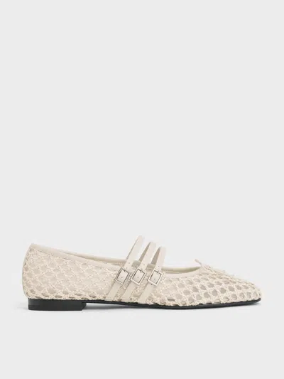 Charles & Keith - Woven Triple-strap Mary Janes In Chalk