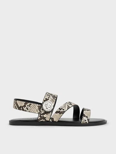 Charles & Keith - Yara Snake-print Turn Lock Strappy Sandals In Animal Print Natural