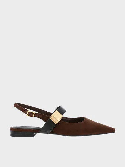 Charles & Keith - Yvette Faux Suede Pointed-toe Mary Jane Flats In Dark Brown