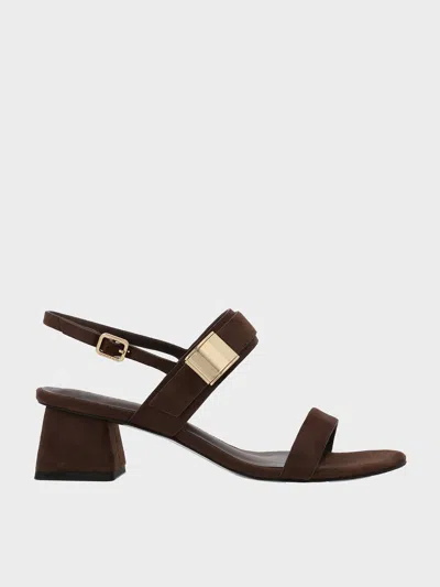 Charles & Keith - Yvette Textured Double-strap Heeled Sandals In Dark Brown