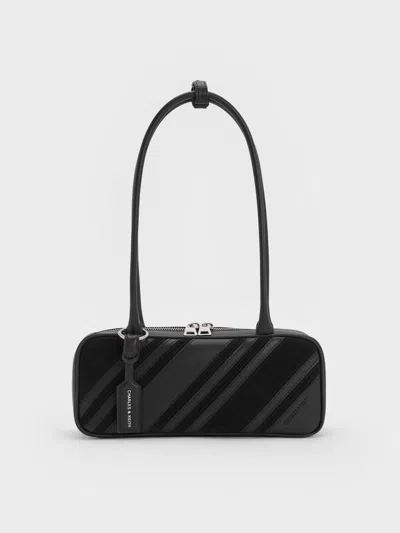 Charles & Keith - Zeya Recycled Suede Striped Shoulder Bag In Black