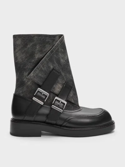 Charles & Keith - Aether Buckled Calf Boots In Dark Grey