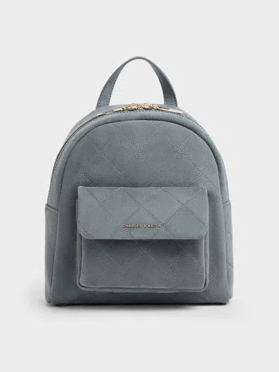 Charles & Keith - Alva Quilted Front-pocket Backpack In Smoky Blue