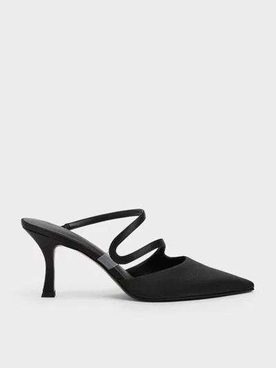 Charles & Keith - Arden Satin Pointed Wavy Heeled Mules In Black