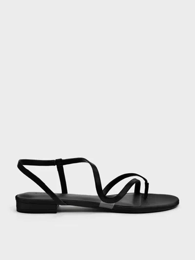 Charles & Keith - Arden Satin Wavy Strappy Toe-ring Flat Slingback Sandals In Black