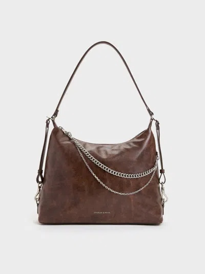 Charles & Keith - Atwood Chain Convertible Hobo Bag In Distressed Coffee
