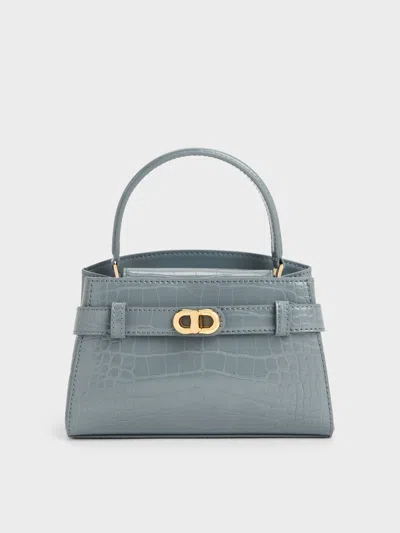 Charles & Keith - Aubrielle Croc-effect Belted Top Handle Bag In Blue
