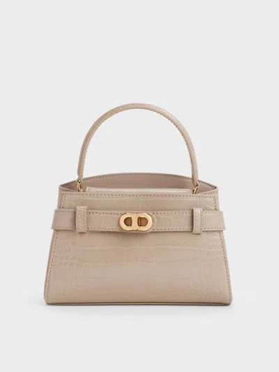 Charles & Keith - Aubrielle Croc-effect Belted Top Handle Bag In Brown