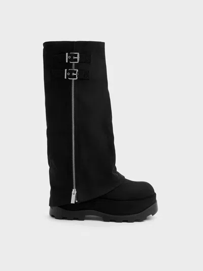 Charles & Keith - Barron Faux Suede Platform Knee-high Boots In Black