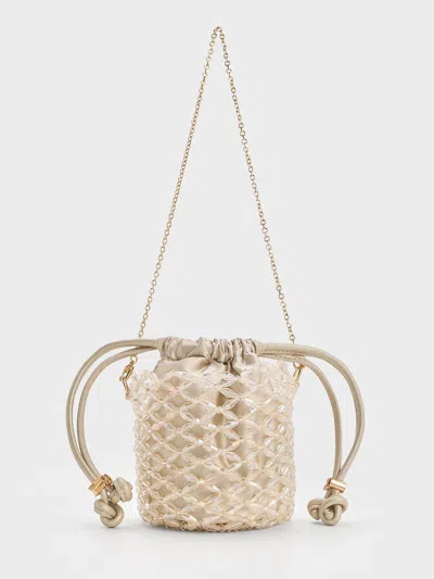 Charles & Keith Beaded Chain-handle Bucket Bag In Champagne