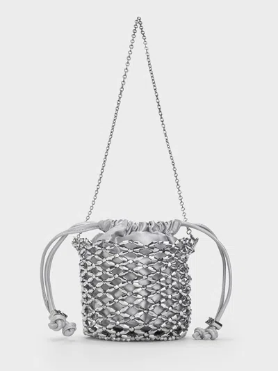Charles & Keith Beaded Chain-handle Bucket Bag In Silver