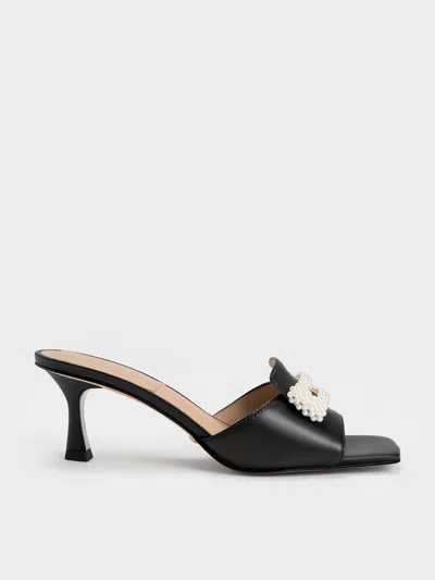 Charles & Keith Beaded Leather Square-toe Mules In Black