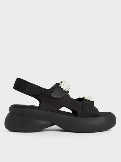 Charles & Keith Beaded-strap Sports Sandals In Black Textured
