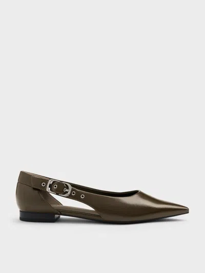 Charles & Keith - Buckled Cut-out Ballet Flats In Olive