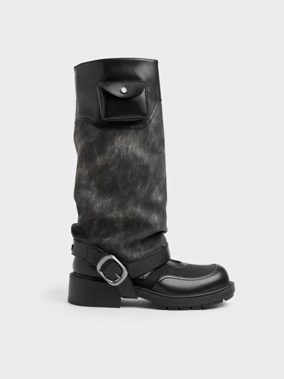 Charles & Keith - Burnished Convertible Ruched Knee-high Boots In Dark Grey