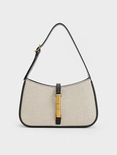 Charles & Keith Cesia Canvas Metallic Accent Shoulder Bag In Black