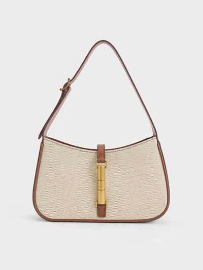 Charles & Keith Cesia Canvas Metallic Accent Shoulder Bag In Chocolate