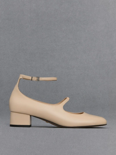 Charles & Keith Claire Leather Mary Jane Pumps In Beige