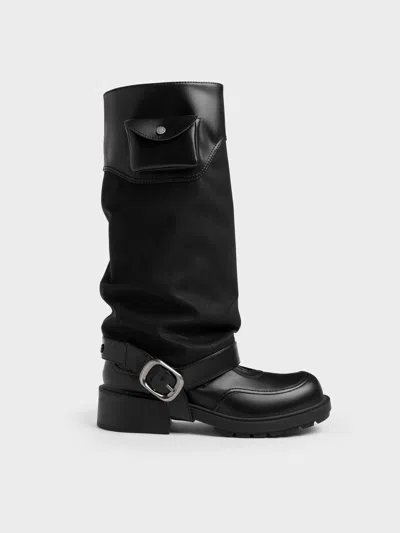 Charles & Keith - Convertible Ruched Knee-high Boots In Black