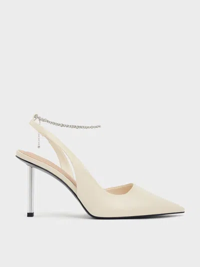 Charles & Keith - Crystal-chain Ankle-strap D'orsay Pumps In Cream