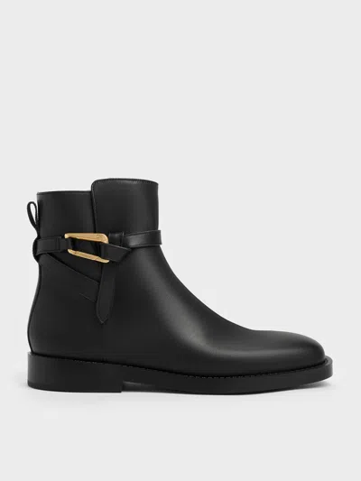 Charles & Keith - Daena Leather Metallic-accent Ankle Boots In Black