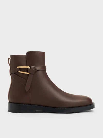 Charles & Keith - Daena Leather Metallic-accent Ankle Boots In Brown