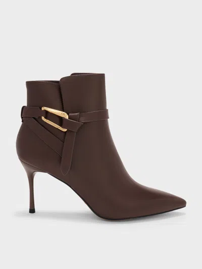 Charles & Keith - Daena Leather Stiletto Ankle Boots In Brown