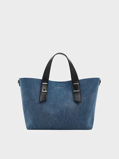 Charles & Keith Denim Metallic-accent Double Handle Bag In Blue