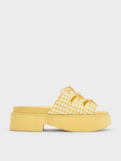 Charles & Keith Dorri Houndstooth Triple-bow Platform Sandals In Yellow