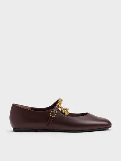 Charles & Keith - Double-chain Charm Mary Jane Flats In Burgundy