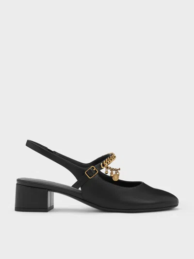 Charles & Keith - Double-chain Charm Mary Jane Slingback Pumps In Black