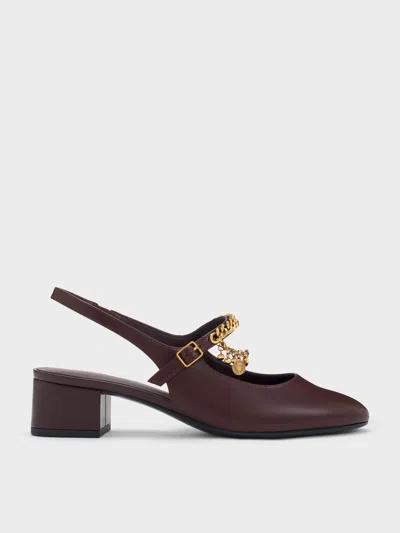 Charles & Keith - Double-chain Charm Mary Jane Slingback Pumps In Burgundy