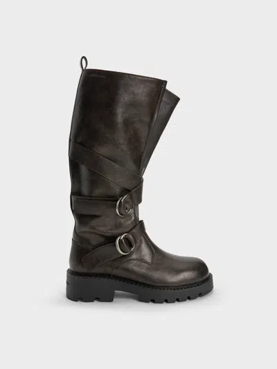 Charles & Keith - Double-strap Knee-high Boots In Dark Brown