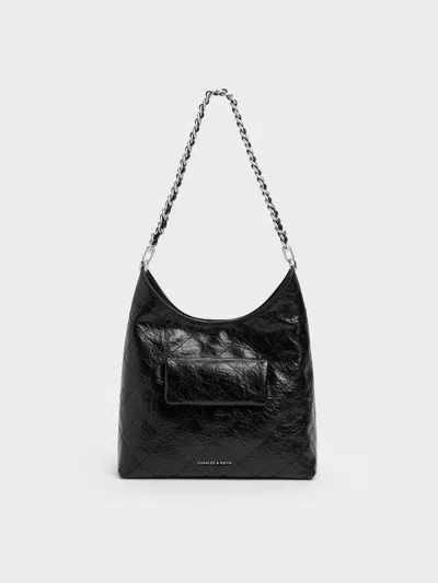 Charles & Keith - Duo Quilted Front-pocket Chain Hobo Bag In Black