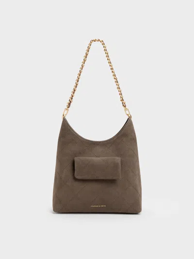 Charles & Keith - Duo Quilted Front-pocket Chain Hobo Bag In Gray
