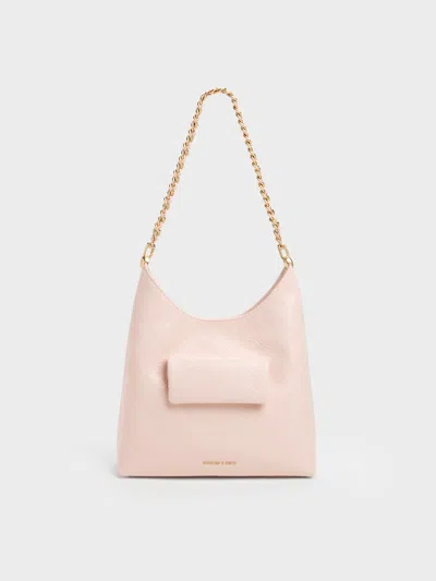 Charles & Keith - Duo Quilted Front-pocket Chain Hobo Bag In Pink