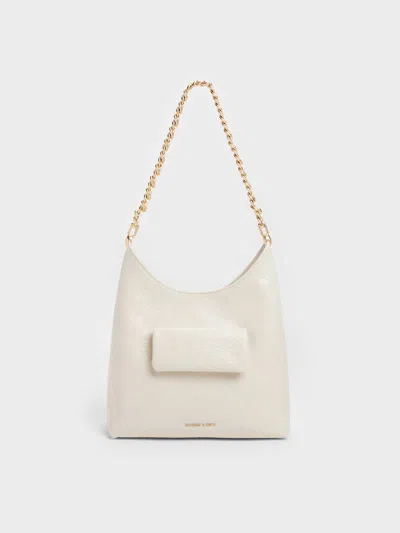 Charles & Keith - Duo Quilted Front-pocket Chain Hobo Bag In White