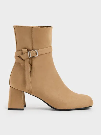 Charles & Keith - Eliza Faux Suede Block-heel Ankle Boots In Sand